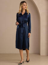 [Azul Oscuro] SilkSilky-ES Long Sleeve Lapel Collar Vestido 007