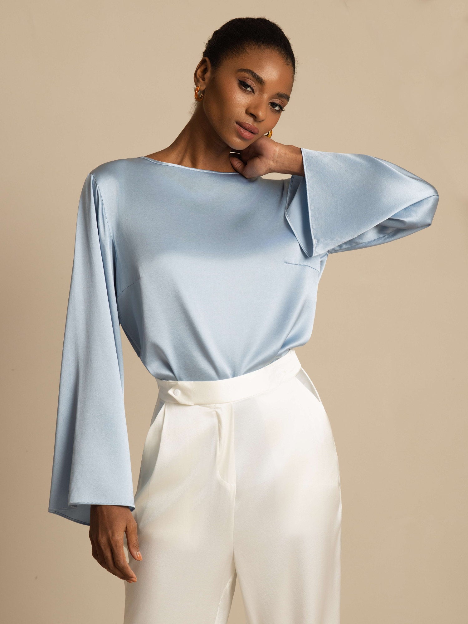 [Azul Grisáceo] SilkSilky-ES 19Momme Seda Manga larga Blouse 001