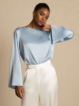 [Azul Grisáceo] SilkSilky-ES Long Sleeve Boat Neck Blusa 001