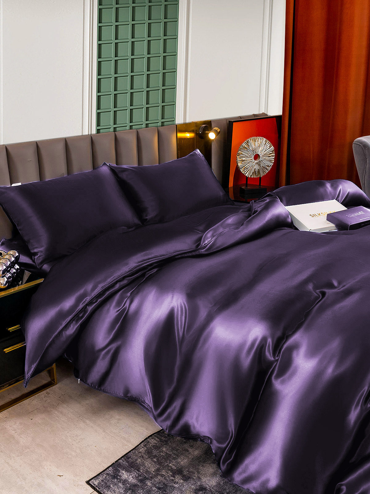 [Morado Oscuro] SilkSilky-ES 22Momme Seda Pura Bedding Set 006,