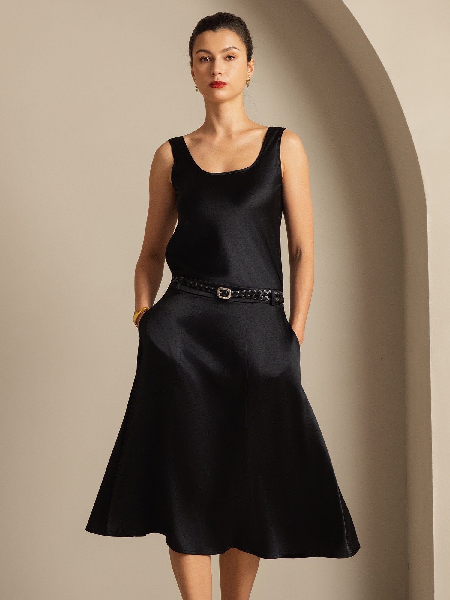 [Negro] SilkSilky-ES 19Momme Seda Cuello en U Top de tirantes 001