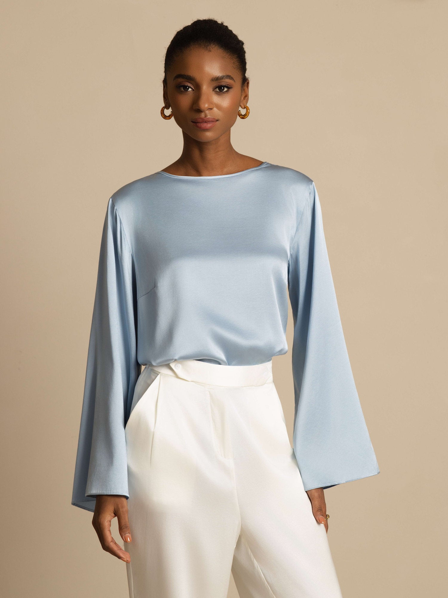 [Azul Grisáceo] SilkSilky-ES 19Momme Seda Manga larga Blouse 006