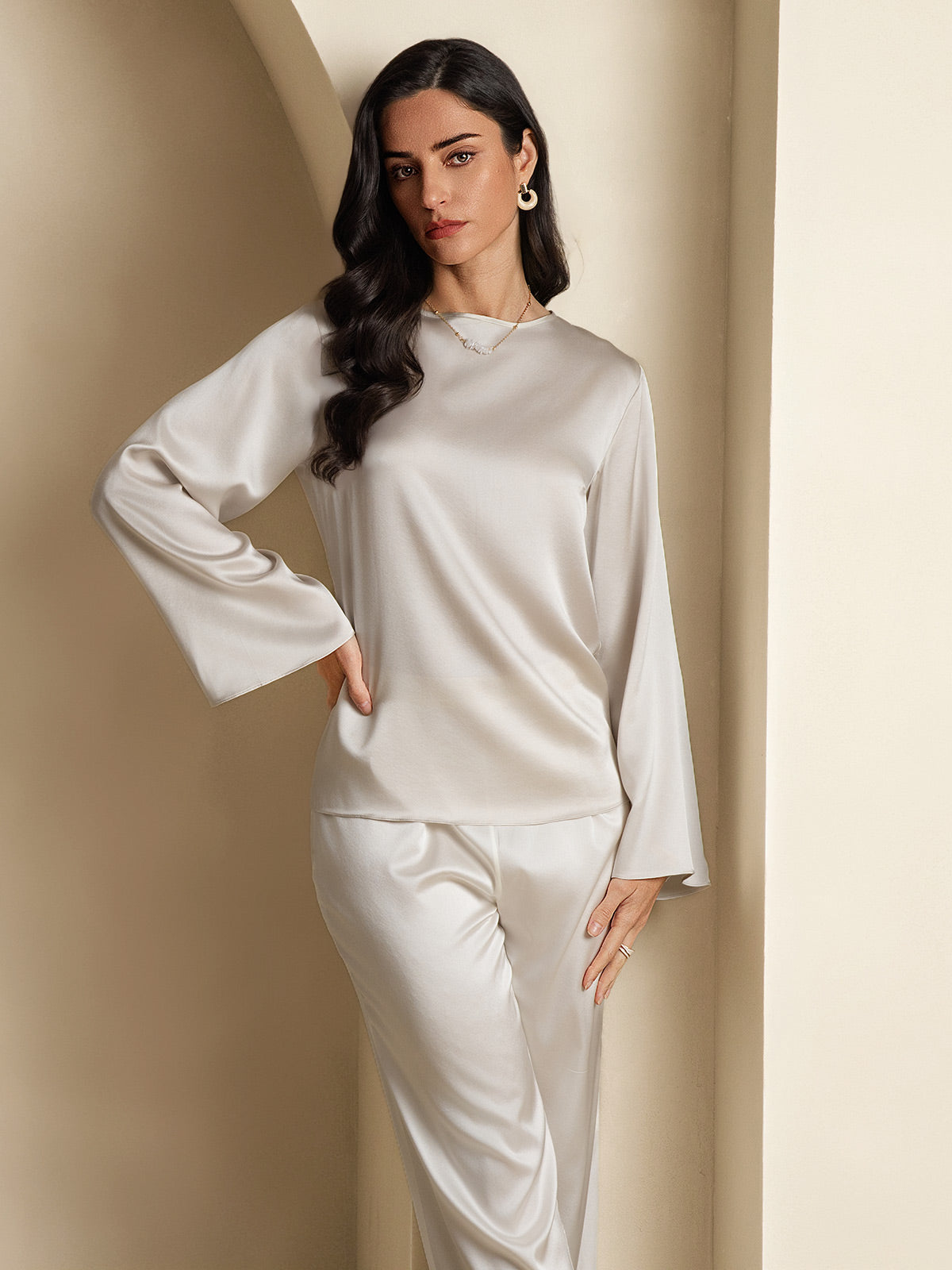 [Gris Claro] SilkSilky-ES 19Momme Seda Manga larga Blouse 004