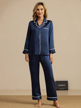 [Azul Oscuro] SilkSilky-ES Long Sleeve Lapel Collar Pijamas de mujer 001