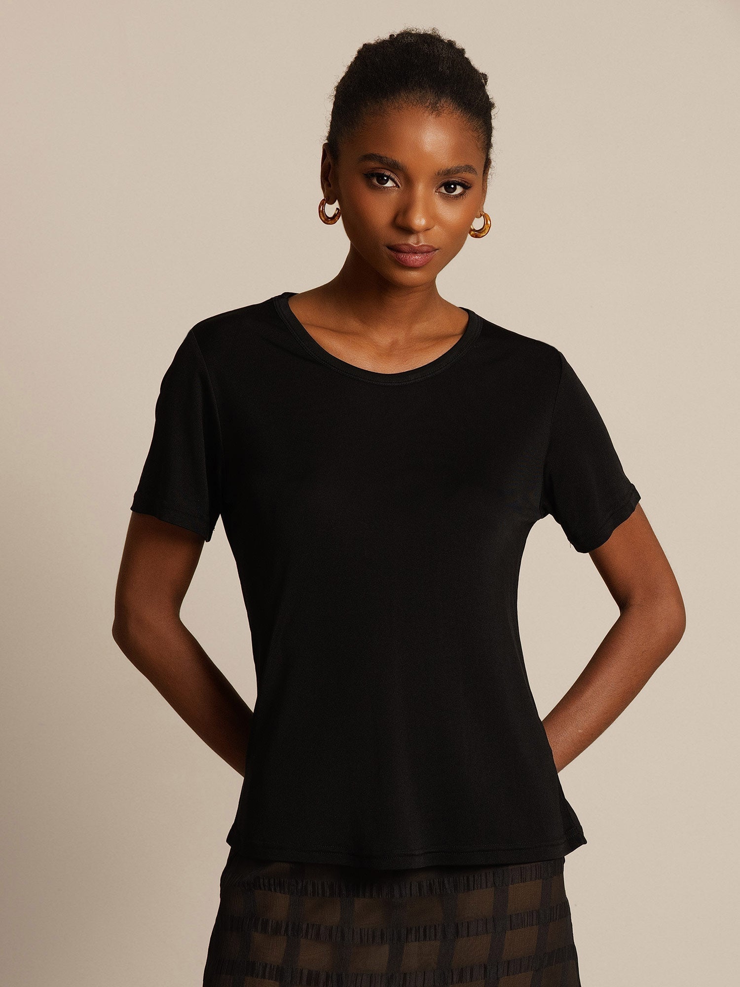 [Negro] SilkSilky-ES Manga corta Cuello Redondo Camisetas de Mujer 007
