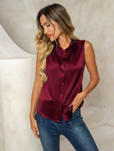 [Rojo Oscuro] SilkSilky-ES Sleeveless Lapel Collar Blusas de Mujer 005