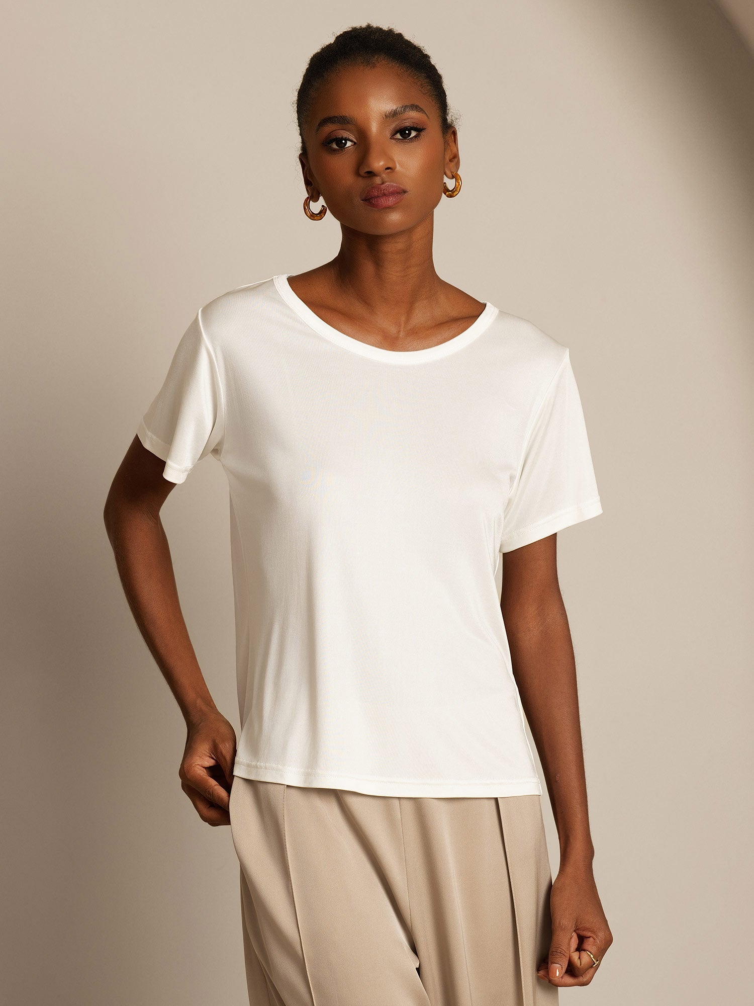 [Blanco] SilkSilky-ES Manga corta Cuello Redondo Camisetas de Mujer 003