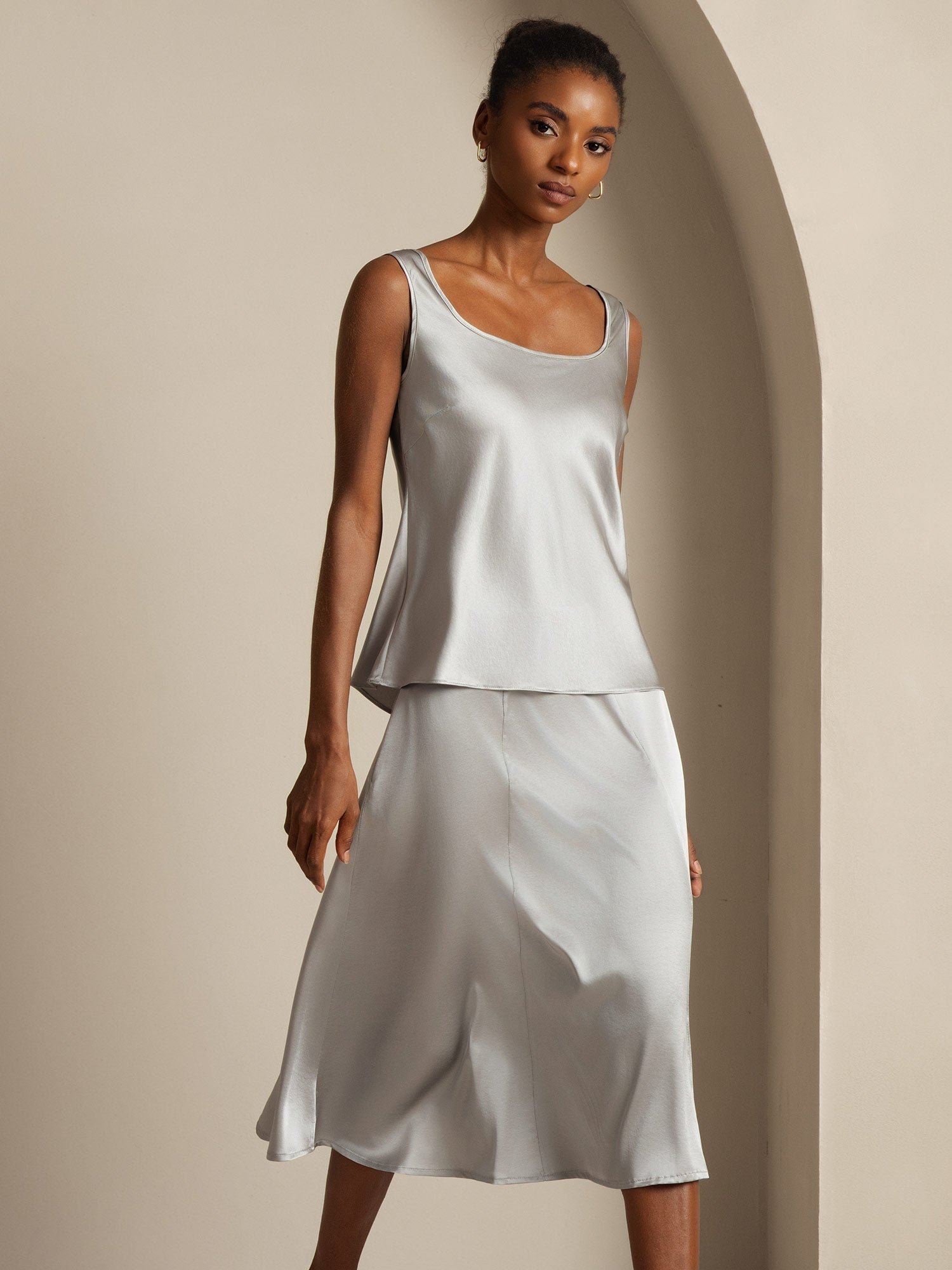 [Gris Griffin] SilkSilky-ES 19Momme Seda Cuello en U Top de tirantes 004,