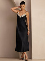 [Negro] SilkSilky-ES Spaghetti Strap V Neck Vestido 006