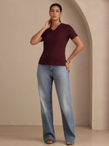 [Vino] SilkSilky-ES Short Sleeve V Neck Camisetas de Mujer 006