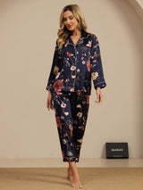 [Floral Azul Marino] SilkSilky-ES Long Sleeve Lapel Collar Pijamas de mujer 004