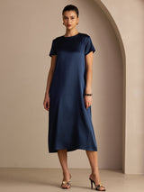[Azul Oscuro] SilkSilky-ES Short Sleeve Round Neck Vestido 001