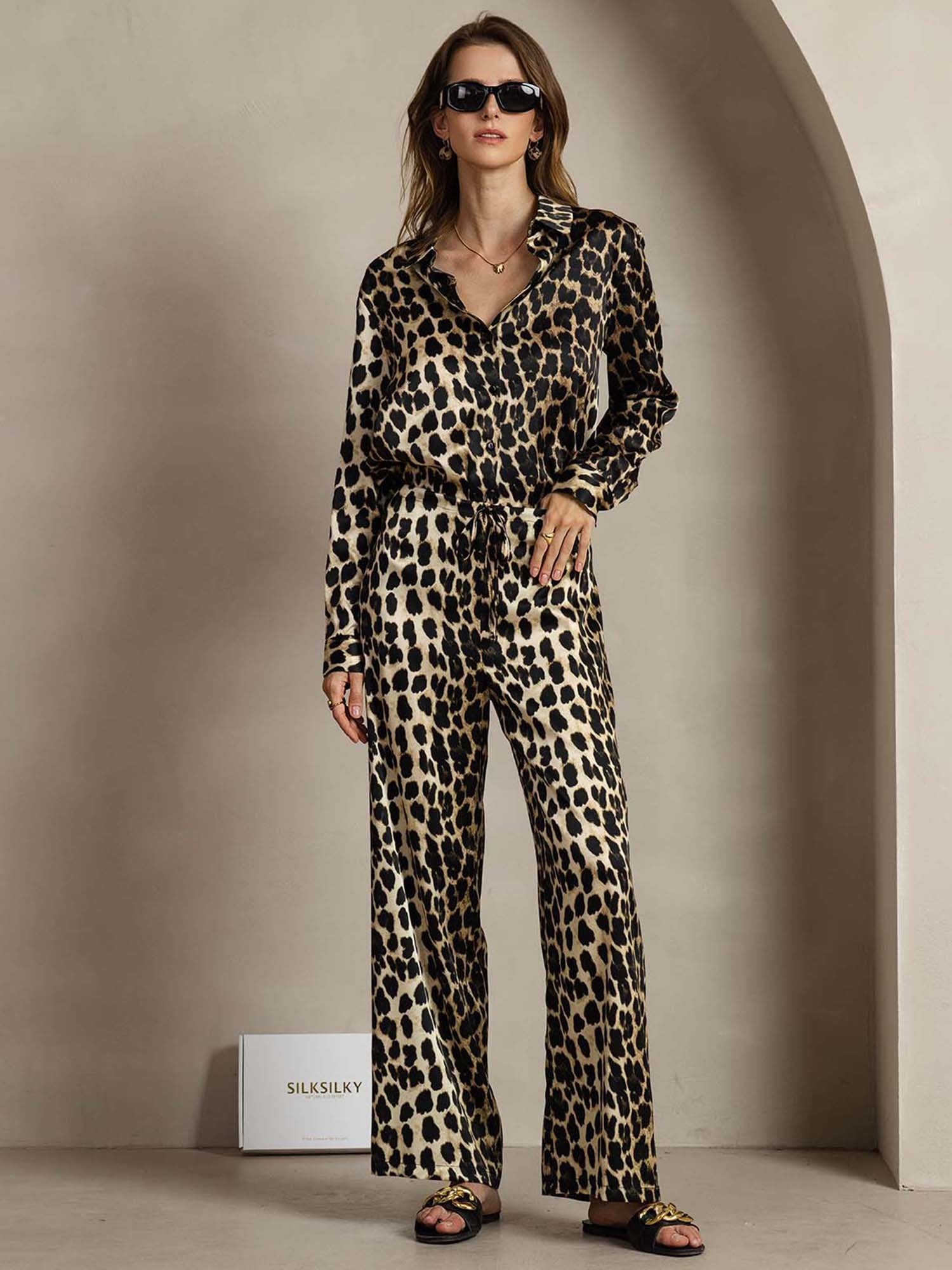 [Leopardo] SilkSilky-ES 19Momme Seda Lapel Collar Women''s Outfit Sets 001