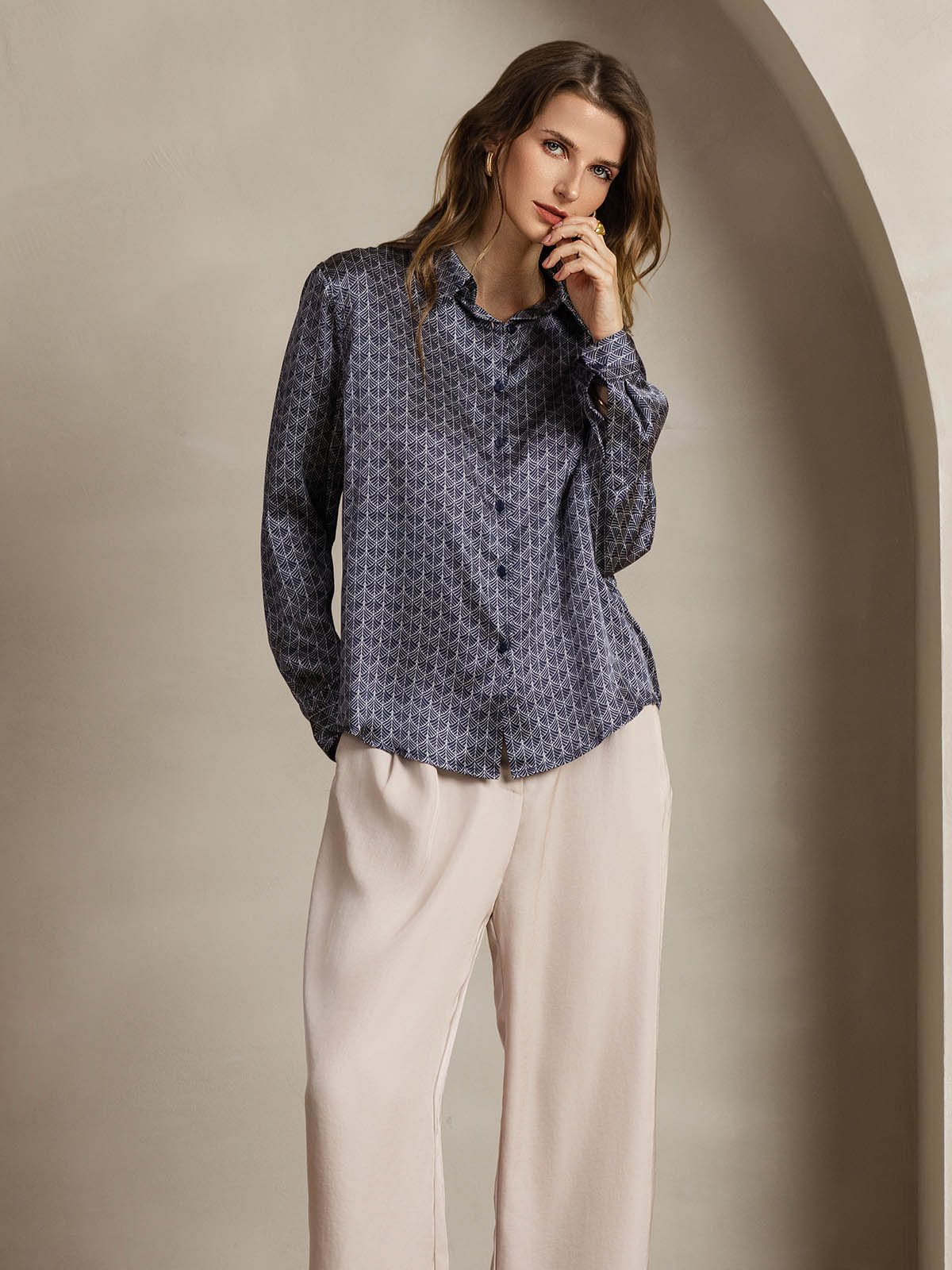 [Ginkgo Azul Marino] SilkSilky-ES Seda Lapel Collar Blusas de Mujer 006