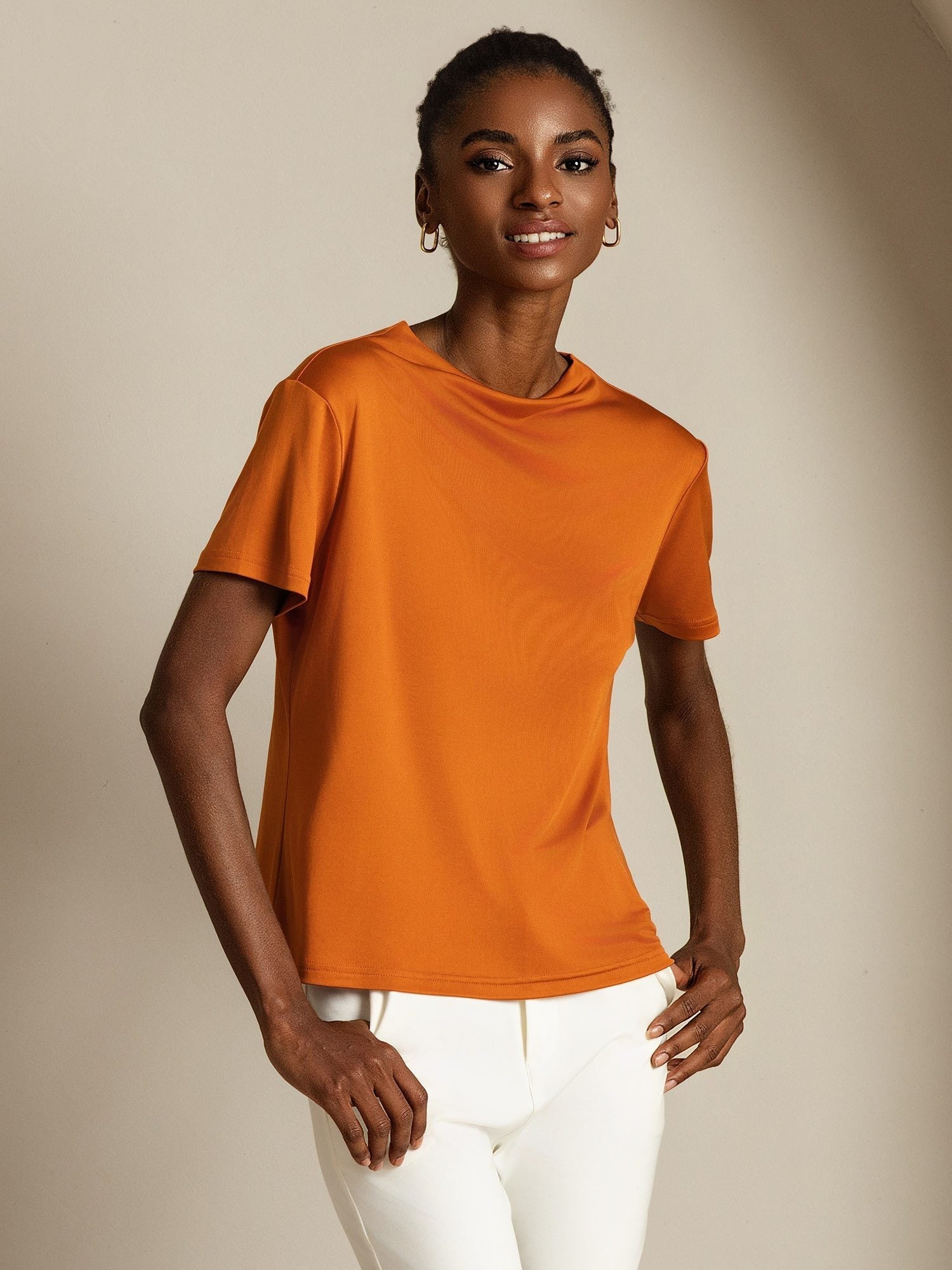 [Naranja] SilkSilky-ES Seda Pura Cuello Camisero Camisetas de Mujer 006