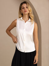 [Blanco] SilkSilky-ES Sleeveless Lapel Collar Blusas de Mujer 003