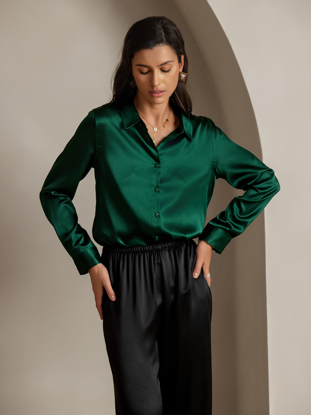 [Verde Oscuro] SilkSilky-ES Seda Manga larga Cuello Camisero Blusas de Mujer 003