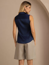 [Azul Oscuro] SilkSilky-ES Sleeveless Lapel Collar Blusas de Mujer 002