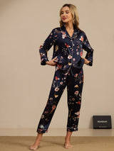 [Floral Azul Marino] SilkSilky-ES Long Sleeve Lapel Collar Pijamas de mujer 003