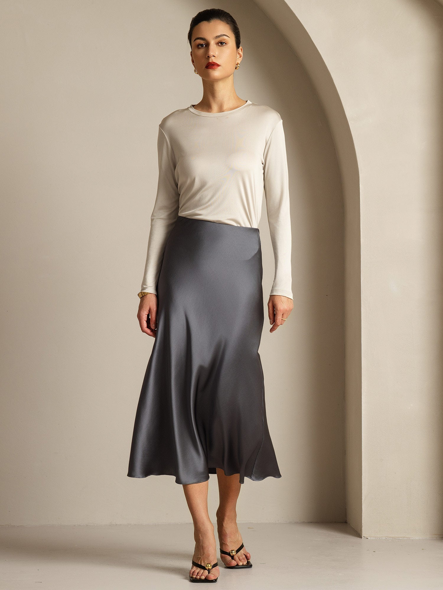 [Gris] SilkSilky-ES Seda Pura Womens T-Shirt 015,