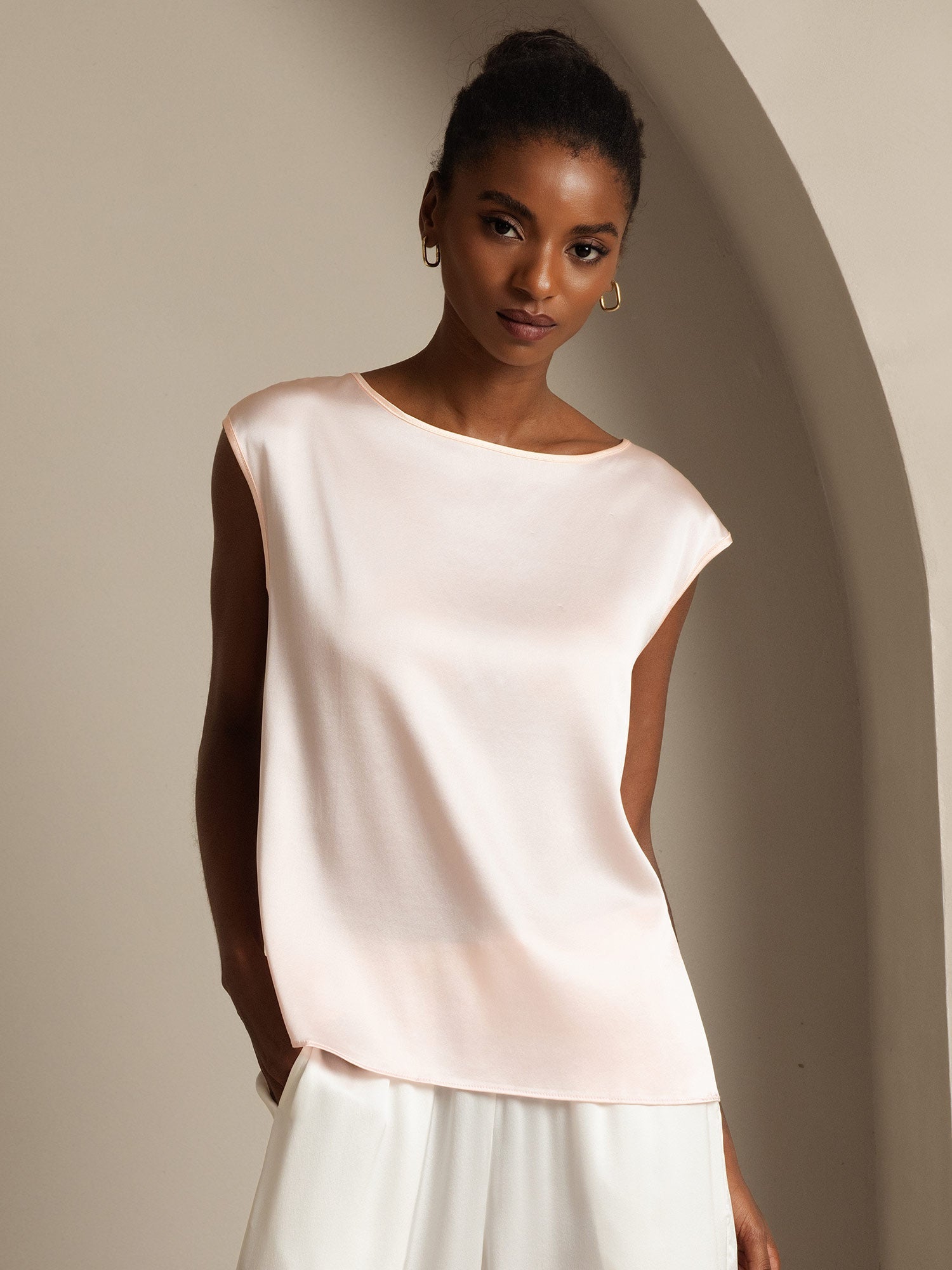 [Rosa] SilkSilky-ES 19Momme Manga Casquillo Cuello Redondo Camisetas de Mujer 001