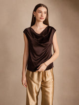 [Chocolate Negro] SilkSilky-ES Cap Sleeve Cowl Neck Camisetas de Mujer 003