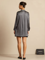 [Gris Oscuro] SilkSilky-ES 19Momme Manga larga Cuello Alto Blusa 002