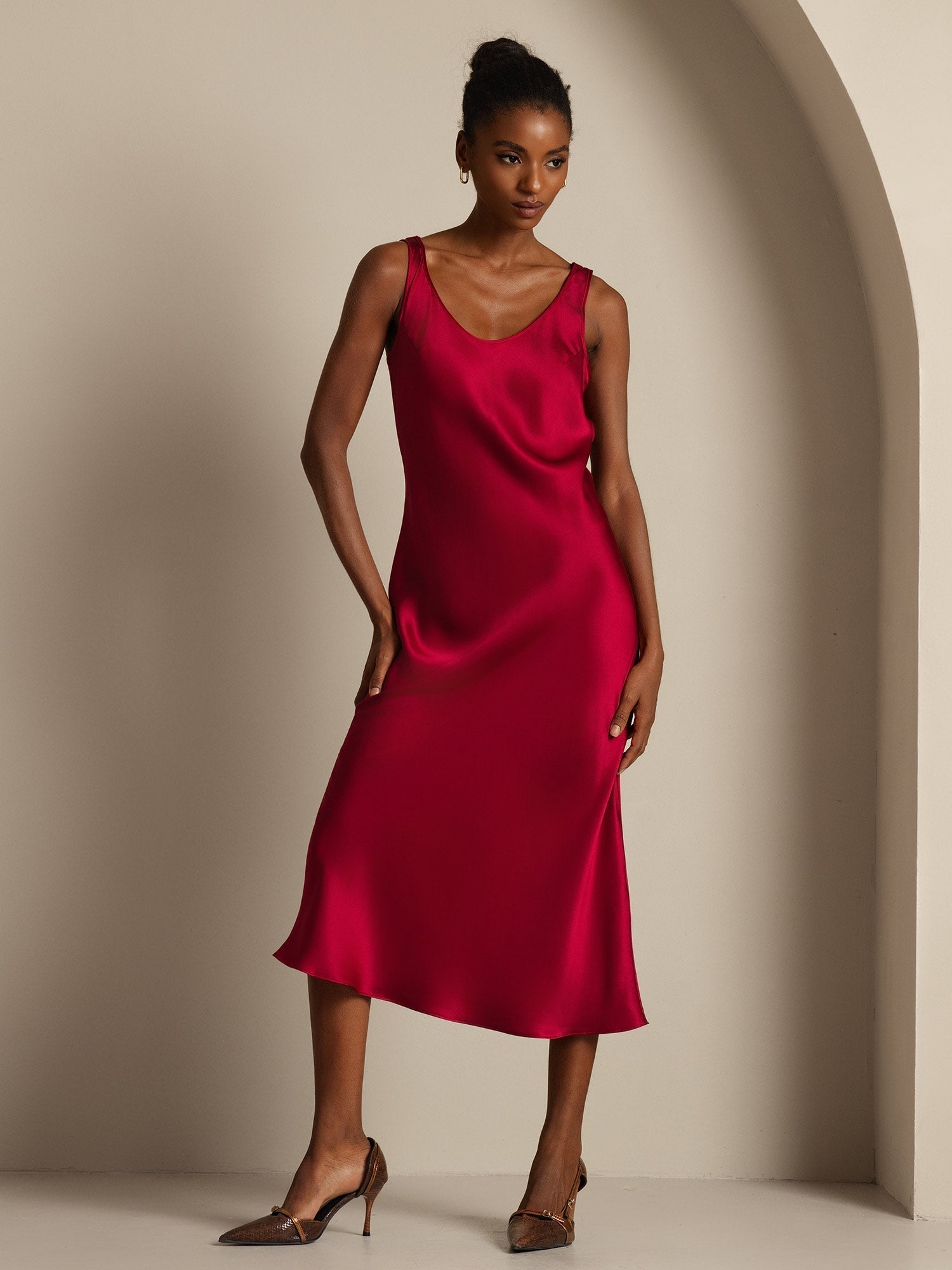 [Vino] SilkSilky-ES Seda Pura Cuello Barco Vestido 004,