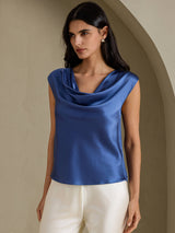 [Verde Azulado Real] SilkSilky-ES Cap Sleeve Cowl Neck Camisetas de Mujer 005
