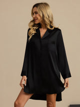 [Negro] SilkSilky-ES Long Sleeve Lapel Collar Camisas de dormir 005