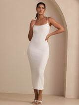 [Blanco] SilkSilky-ES Spaghetti Strap Boat Neck Vestido 008