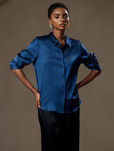 [Azul Real] SilkSilky-ES Long Sleeve Lapel Collar Blusas de Mujer 004