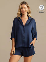 [Azul Oscuro] SilkSilky-ES 19Momme A metà Cuello de Muesca Pijamas de mujer 001