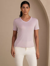 [Lavanda] SilkSilky-ES Short Sleeve V Neck Camisetas de Mujer 001
