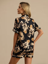 [Dragón Negro] SilkSilky-ES Short Sleeve Lapel Collar Pijamas de mujer 002
