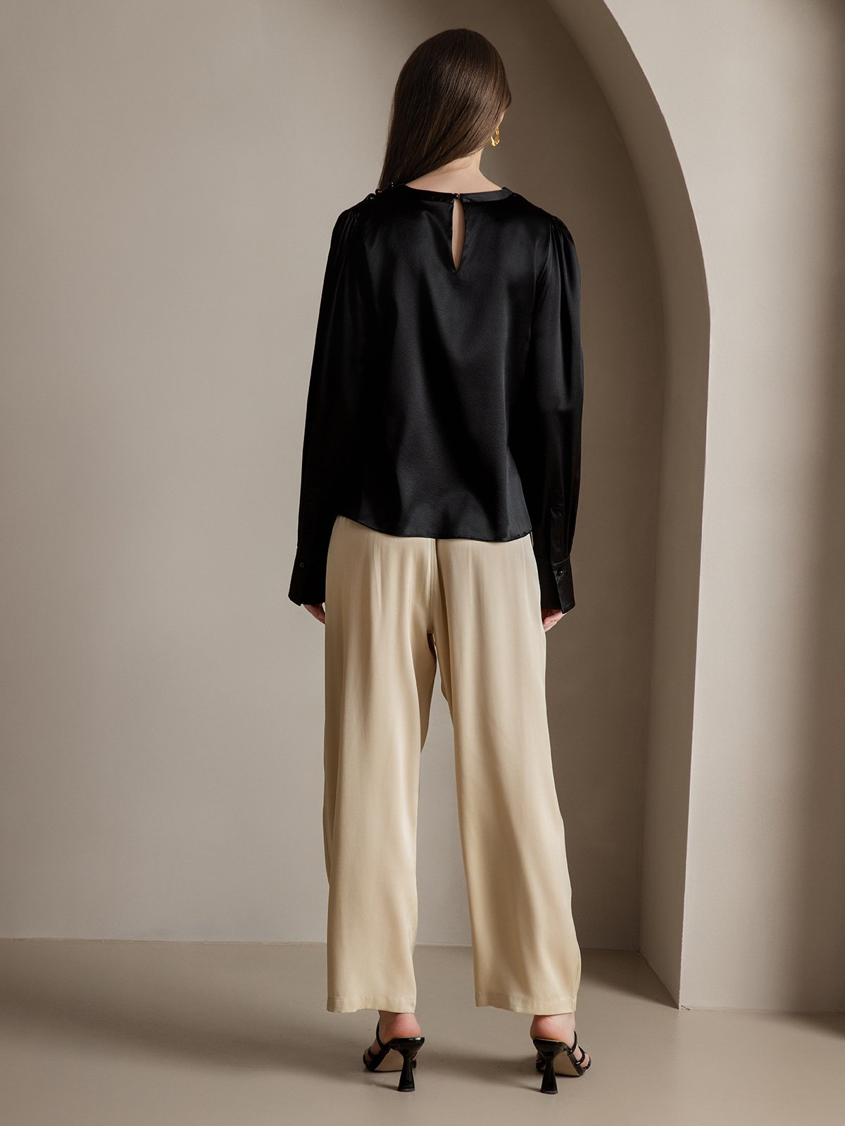[Negro] SilkSilky-ES 19Momme Seda Womens Shirt 002