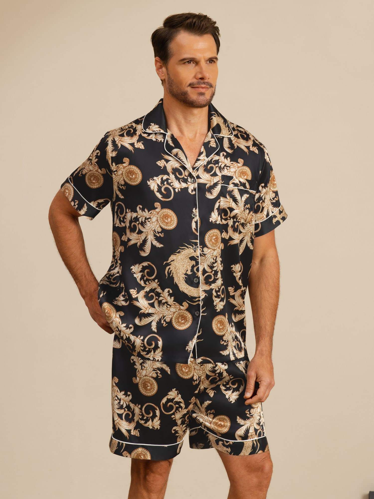 [Dragón Negro] SilkSilky-ES Short Sleeve Cuello de Muesca Pijamas de hombre 001