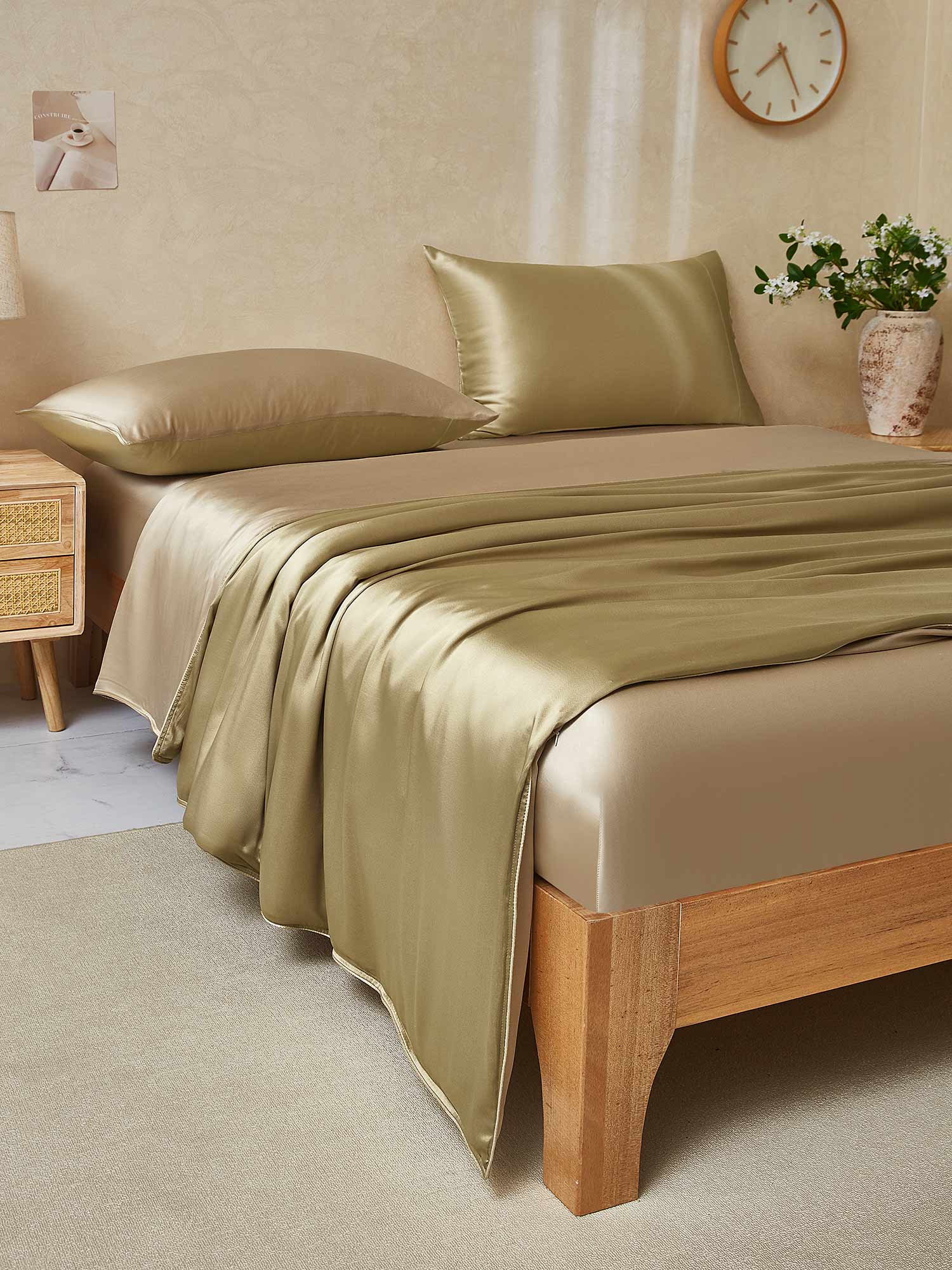 [Beige+Caqui] SilkSilky-ES 22Momme Seda Pura Bedding Set 003,