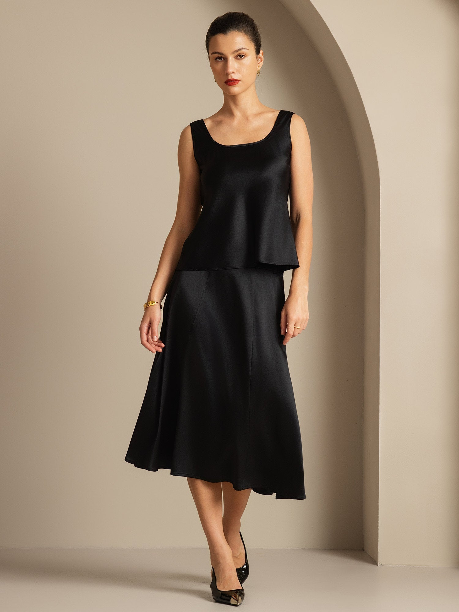 [Negro] SilkSilky-ES 19Momme Seda Cuello en U Top de tirantes 003,