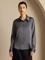[Gris Oscuro] SilkSilky-ES Long Sleeve Lapel Collar Blusas de Mujer 003