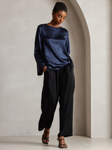 [Azul Oscuro] SilkSilky-ES Long Sleeve Boat Neck Blusa 004