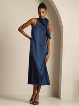 [Azul Oscuro] SilkSilky-ES Sleeveless Halter Vestido 008