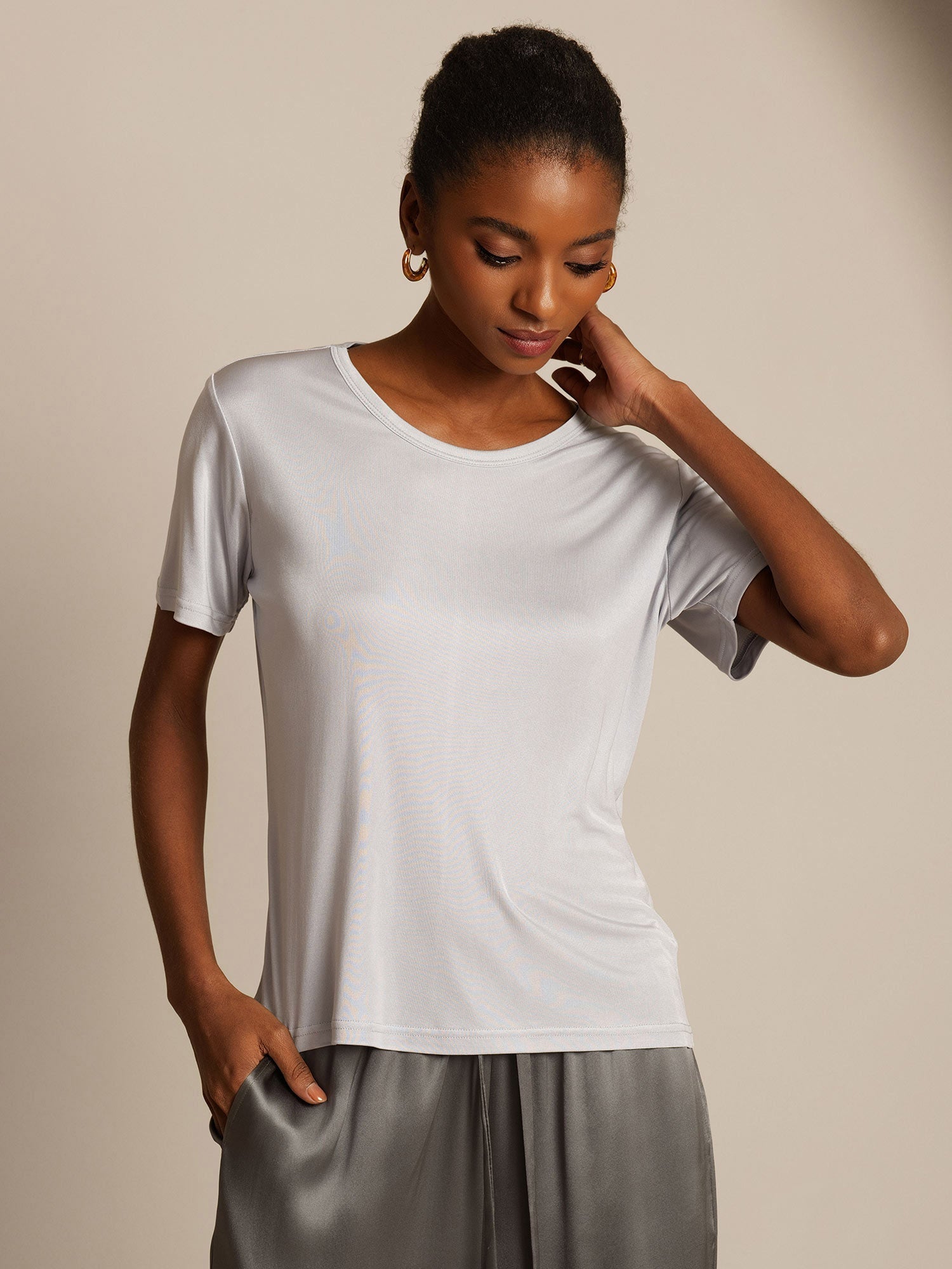 [Plata] SilkSilky-ES Manga corta Cuello Redondo Camisetas de Mujer 006