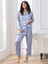 [Azul Acero] SilkSilky-ES Long Sleeve Lapel Collar Pijamas de mujer 001