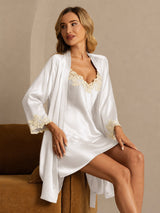 [Blanco] SilkSilky-ES 3/4 Sleeve V Neck Conjunto de camisón y bata 004