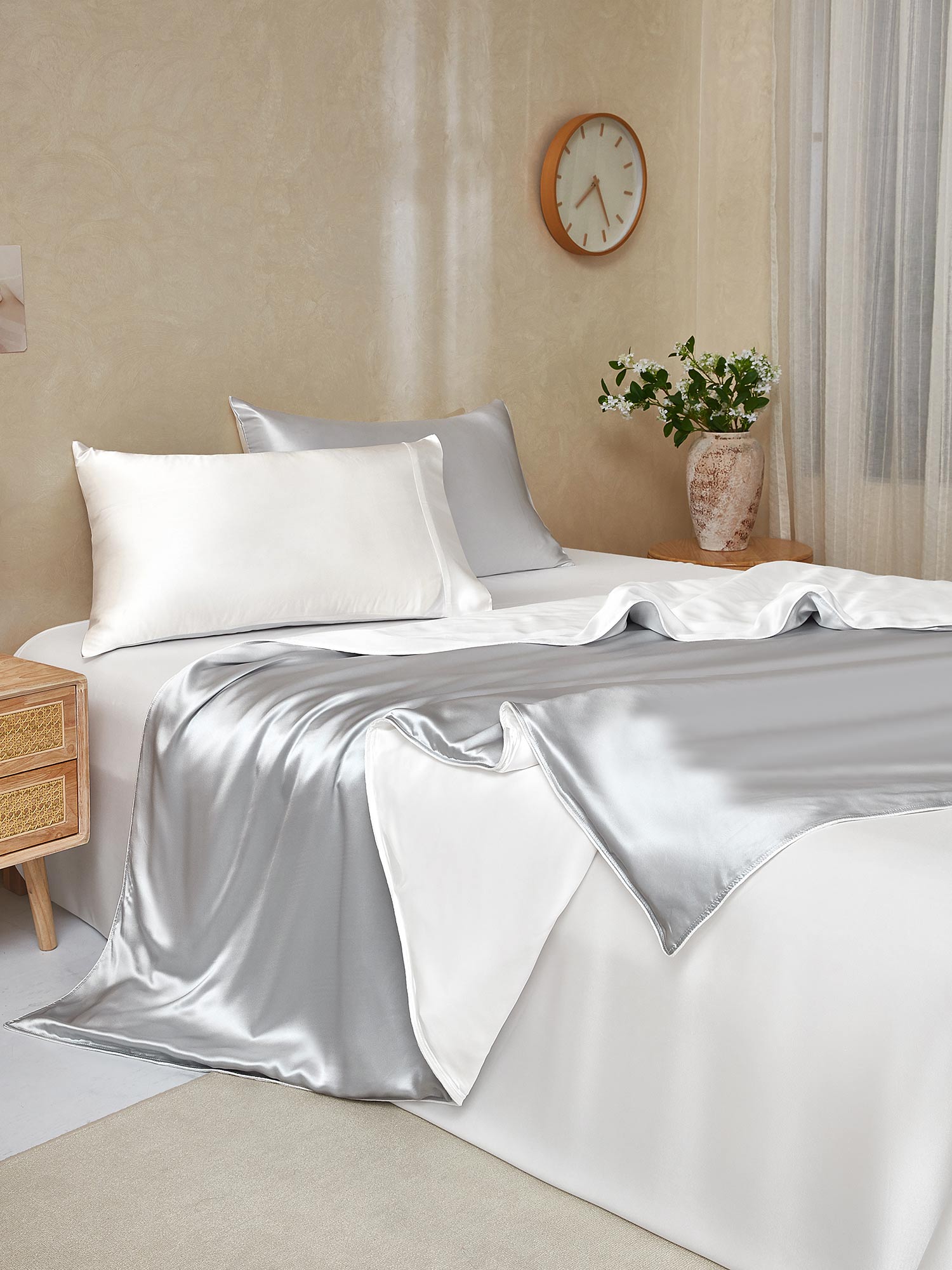 [GrisClaro+Blanco] SilkSilky-ES 25Momme Seda Pura Bedding Set 001,