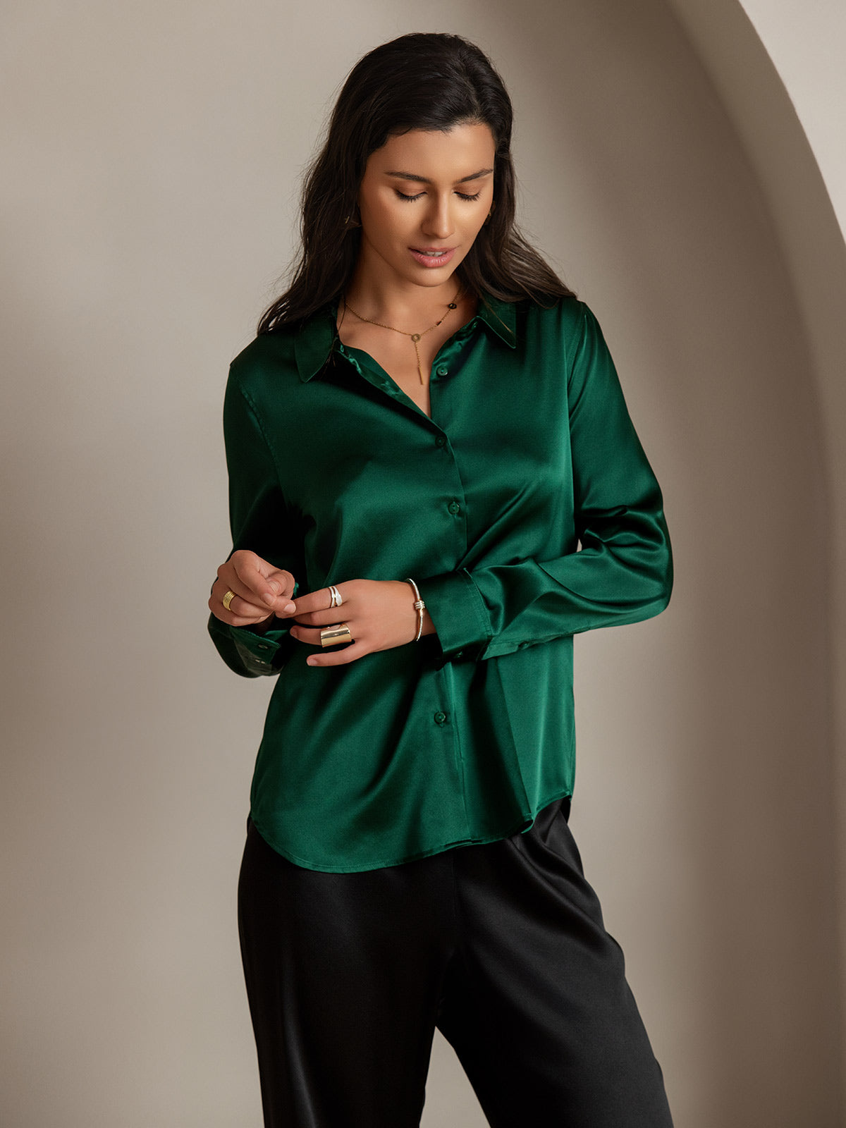 [Verde Oscuro] SilkSilky-ES Seda Manga larga Cuello Camisero Blusas de Mujer 004