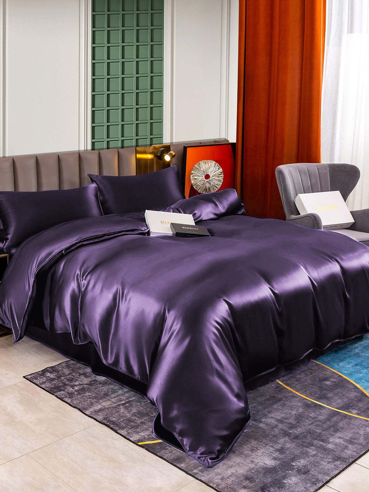 [Morado Oscuro] SilkSilky-ES 22Momme Seda Pura Bedding Set 003,