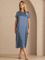 [Verde Azulado Real] SilkSilky-ES Short Sleeve Crew Neck Vestido 003