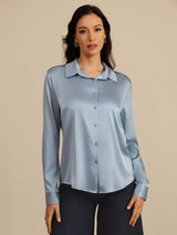 [Azul Grisáceo] SilkSilky-ES Long Sleeve Lapel Collar Blusas de Mujer 003